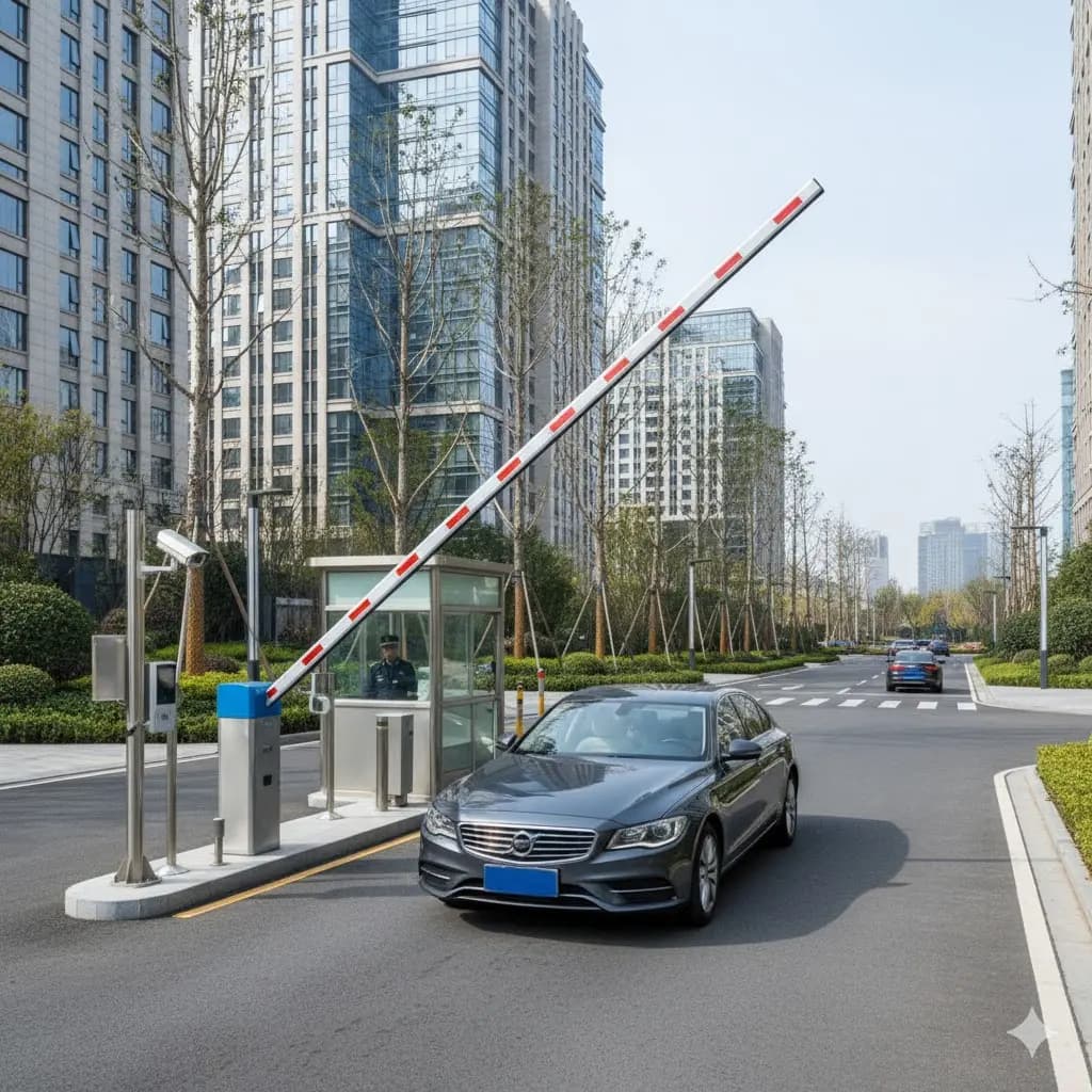 Automatic boom barrier at commercial entrance